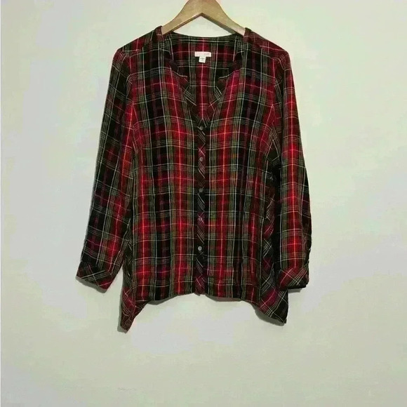 J.Jill Womens MP Long Sleeve Button Down Plaid Tunic Hunter Green Red - Picture 1 of 8